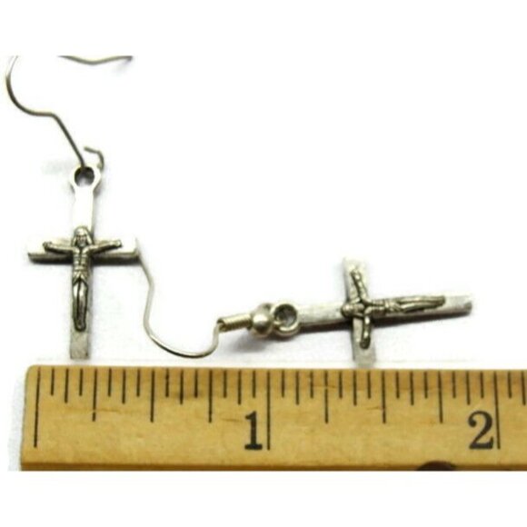 Cross Religious Silver Tone Vertical Drop Dangle Hook Earrings Womans - Picture 3 of 5